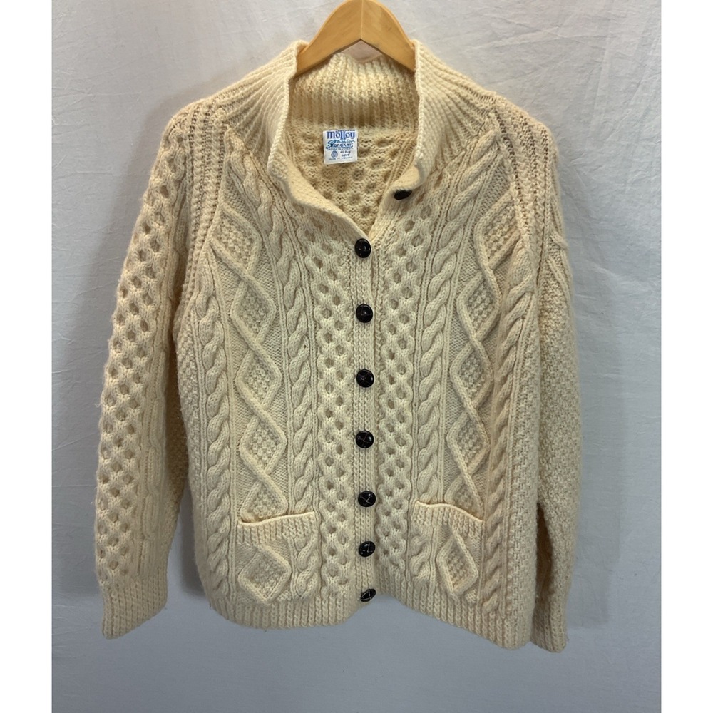 VTG John Molloy Irish Sweater Donegal Ireland Beige Wool Cardigan Hand Knit LG